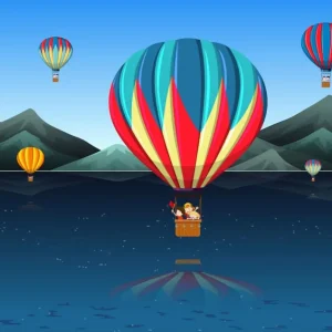 Papier peint enfant montagnes géométriques et montgolfières
