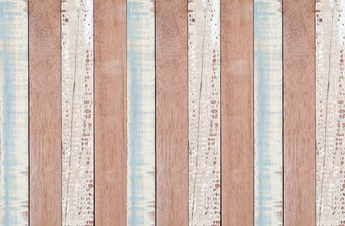 Papier peint planches de bois marron, bleu et blanc
