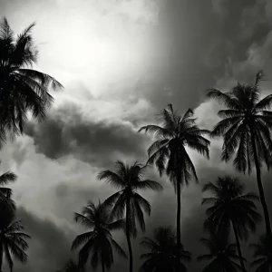 Papier peint noir et blanc palmiers et nuages
